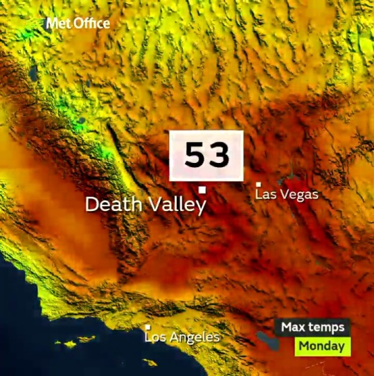 mapsontheweb:  An extreme heatwave is affecting southwestern USA .On Friday, a temperature of 54.4 C (130.0 F) was recorded in Death Valley, CA 📈  The official highest air temperature ever recorded on earth is 56.7 C (134.1 F)  Further records are