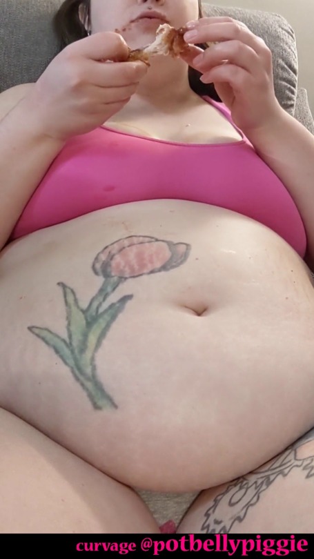 pot-belly-piggy:  Heres a preview for my newest video Wings Stuffing coming soon to Curvage. 33 minutes of me stuffing my face with wings, burping, and playing with my fat belly. Paid video is not face cropped like the preview video. 