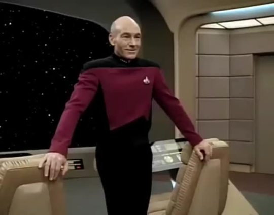 stephanidftba:myfaveisnormal:memewhore:[Video description: A compilation of clips from Star Trek: The Next Generation showing the instances in which Picard pulled his shirt. It is edited so that every time he pulls his shirt, his badge flies off of his
