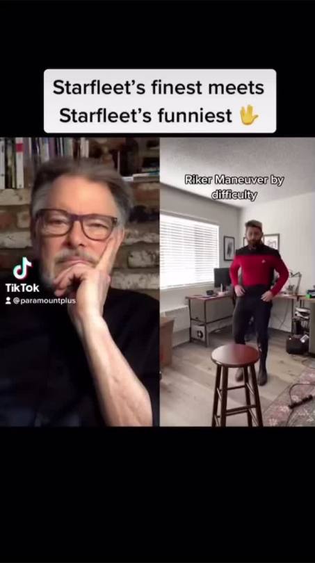 comrade-spock:x[video description: two tiktoks side by side. the original tiktok is a person cosplaying riker from star trek: the next generation. the video is labeled “riker maneuver by difficulty.” the duet video is jonathan frakes reacting. a larger