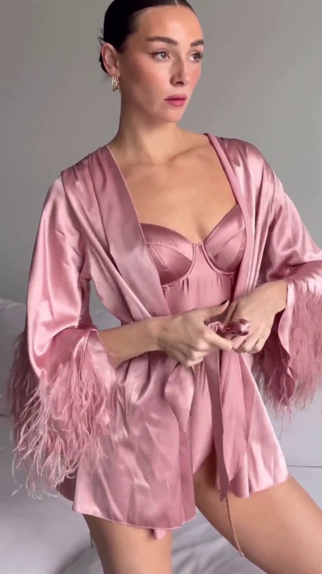 vs-girl-1985:  Love this Rose Feather Embellished Angel Sleeve Robe, worn with our iconic Satin Bullet Bodysuit from Fleur du Mal NYC so cute for a lazy day around the house….